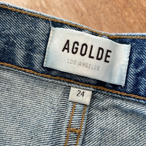 Agolde Riley Medium Wash Distressed High Rise Straight Jeans 24 - Picture 12 of 14